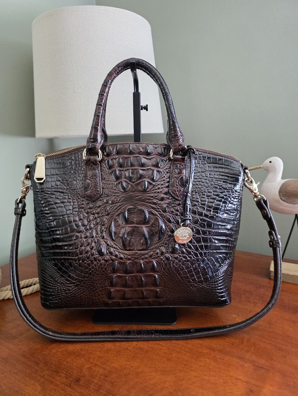 Brahmin Melbourne Chocolate Croc Embossed Leather Satchel Crossbody Bag